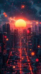 Obraz premium Radiant and Captivating Cityscape with Glowing Skyscrapers and Sparkling Lights at Night Futuristic urban landscape with a mesmerizing skyline of illuminated towers dazzling reflections