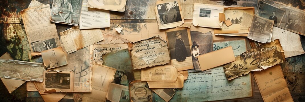 Vintage collage showcasing historical documents and photographs with ample space for text and design elements. Generative AI