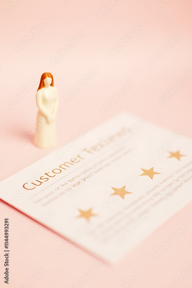 Poster concepts of customer reviews are displayed alongside a female figure with a gold star on a soft past