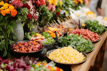 Buffet table displaying fresh produce and prepared dishes for a vibrant meal