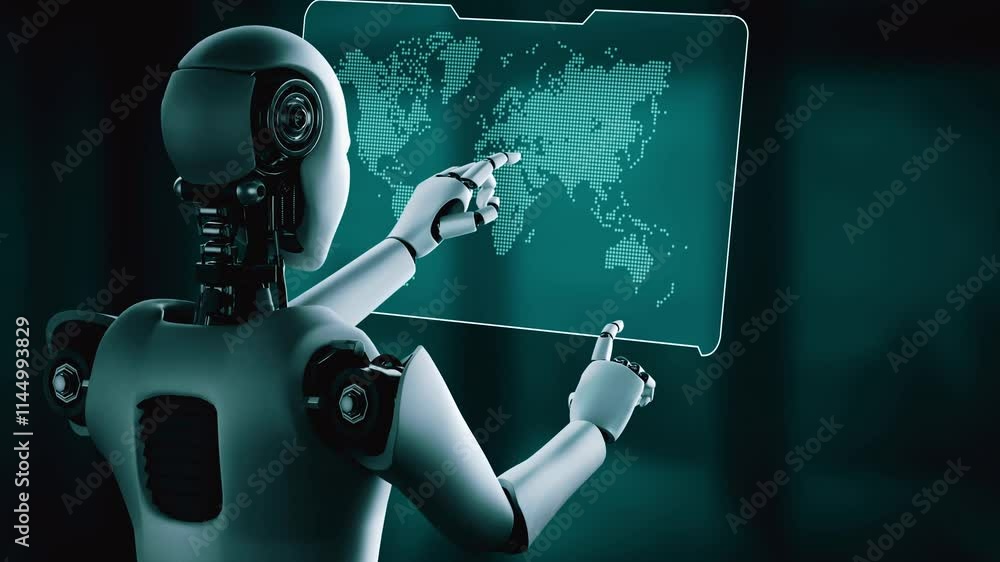 Poster ai hominoid robot touching virtual hologram screen showing concept of big data analytic using artifi