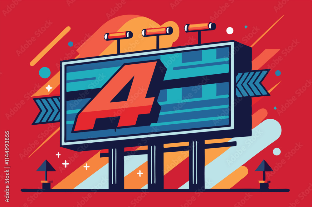 Poster Bold vector illustration of an advertising billboard featuring the number four on a vibrant red background with dynamic design elements