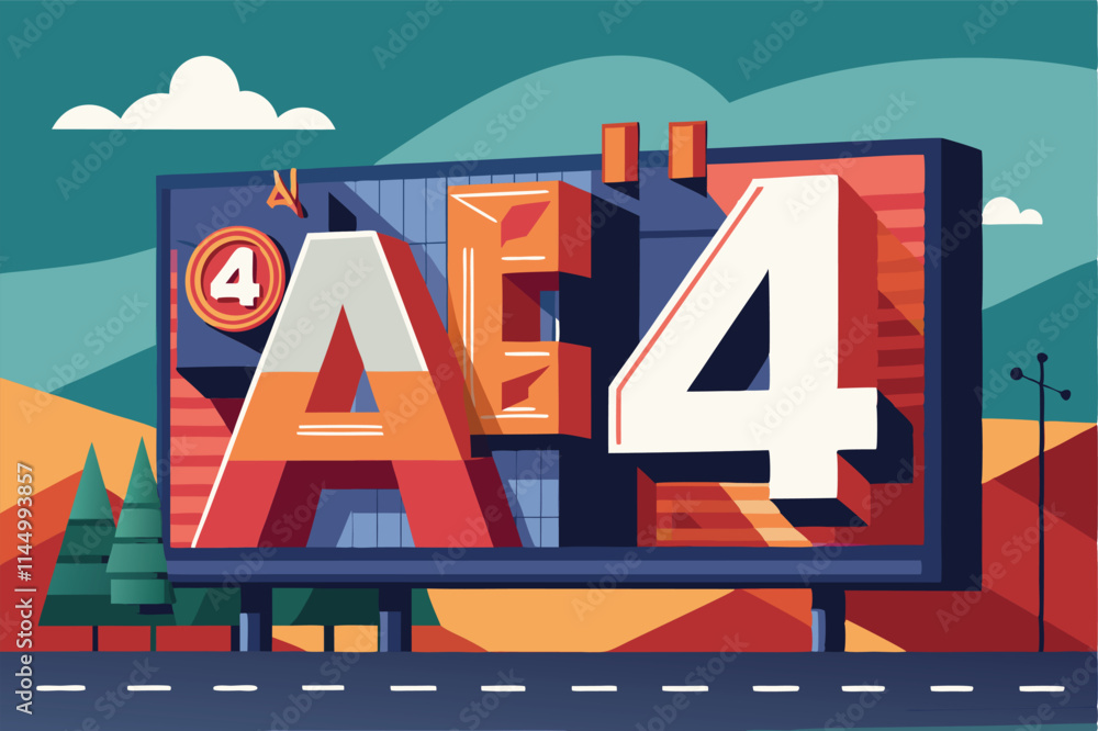 Poster bold vector illustration of an advertising billboard featuring the number four on a vibrant red back