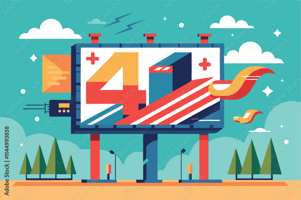 Poster Bold vector illustration of an advertising billboard featuring the number four on a vibrant red background with dynamic design elements