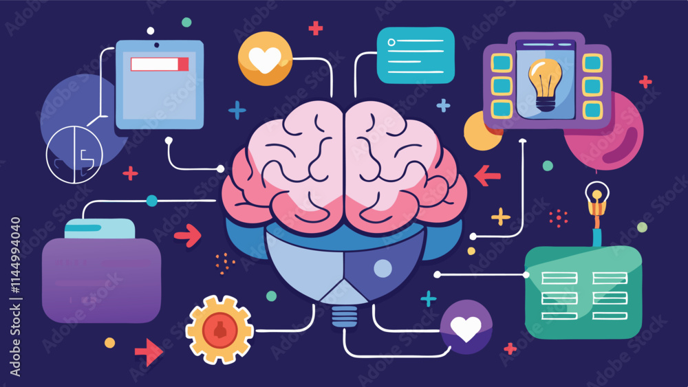 Poster exploring the connections between brain functions and digital elements in a vibrant vector design re