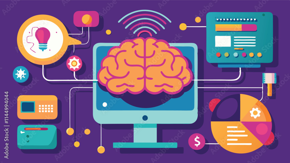Poster exploring the connections between brain functions and digital elements in a vibrant vector design re