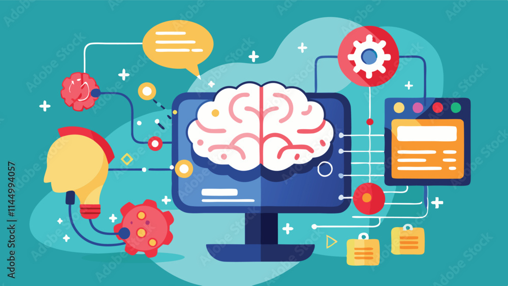 Poster exploring the connections between brain functions and digital elements in a vibrant vector design re