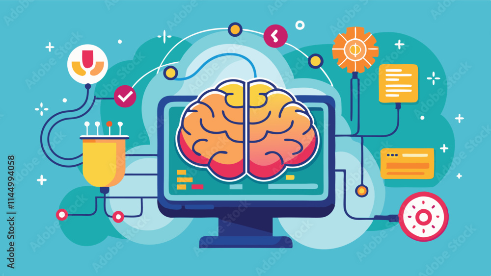 Poster exploring the connections between brain functions and digital elements in a vibrant vector design re