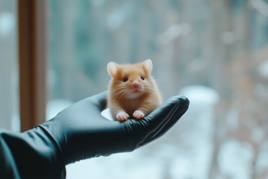 Mouse held in gloved hand for pharmacokinetic drug testing in preclinical trials in a laboratory setting