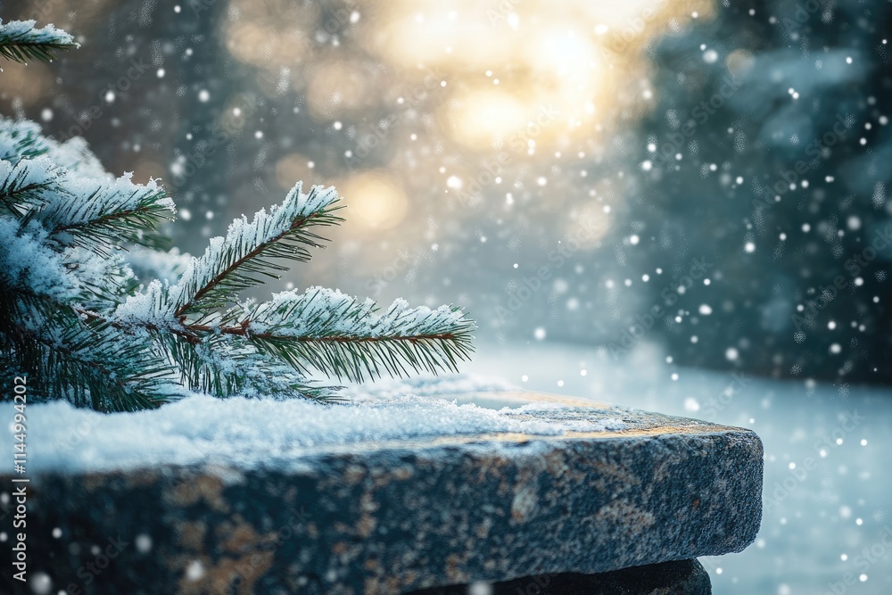 Poster pine branch covered with snow flakes during snowfall in winter wonderland