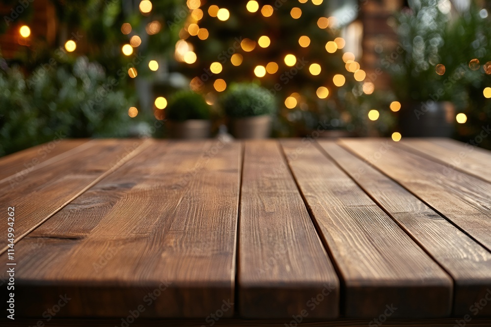 Poster empty wooden table with christmas tree lights in background