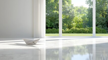 Minimalist room with paper boat, large window, and green garden view.