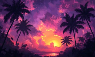 Naklejka premium Sunset Serenity, Palm Trees Cast in Silhouette by a Spectacular Purple and Pink Sky