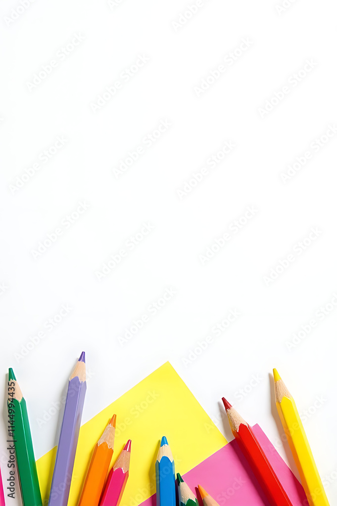 Poster Colorful pencils and paper lie crumpled on a copy space background surrounded by empty white space to create a clean aesthetic._00002_