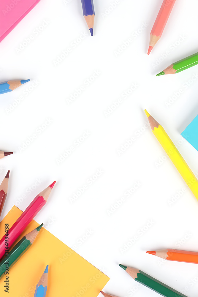 Poster Colorful pencils and paper lie crumpled on a copy space background surrounded by empty white space to create a clean aesthetic._00003_