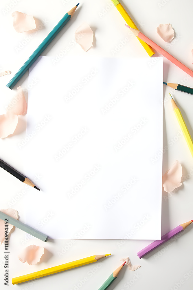 Aufkleber Colorful pencils and paper lie crumpled on a copy space background surrounded by empty white space to create a clean aesthetic._00001_