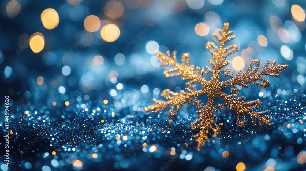 Poster golden snowflake shining on glittering background during snowfall
