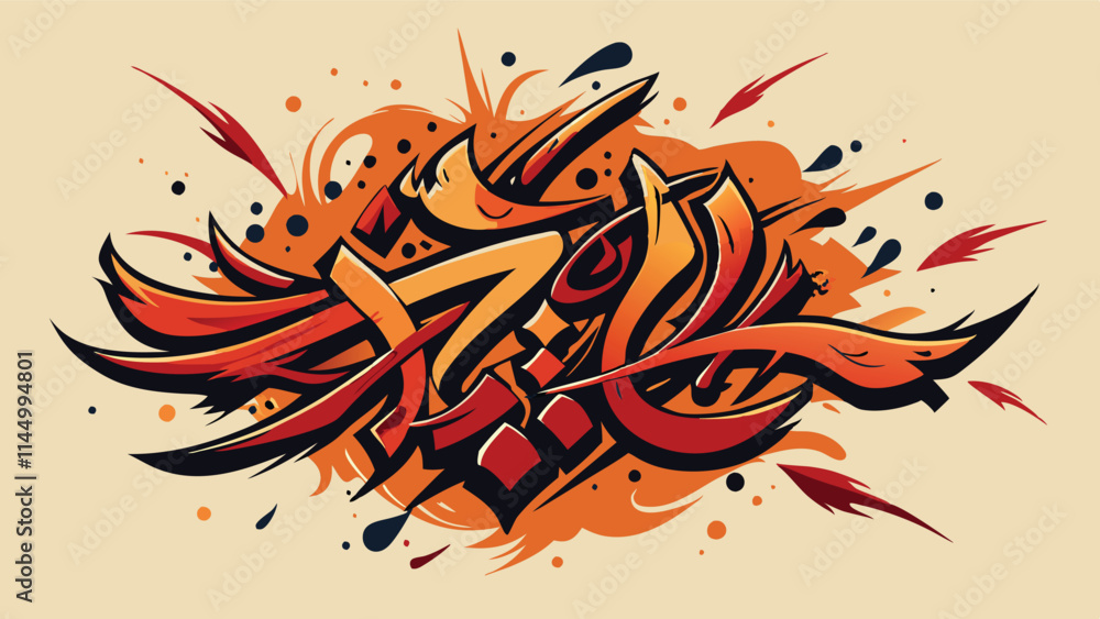Poster colorful vector artwork featuring intricate calligraphy with dynamic splashes of orange and black on