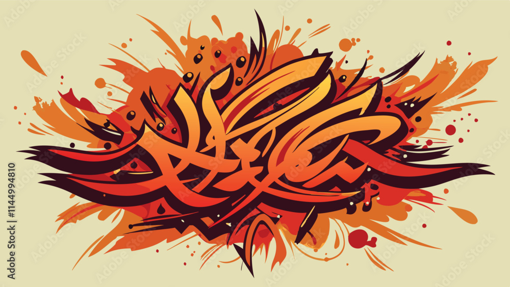 Poster colorful vector artwork featuring intricate calligraphy with dynamic splashes of orange and black on
