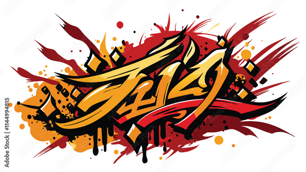 Poster colorful vector artwork featuring intricate calligraphy with dynamic splashes of orange and black on