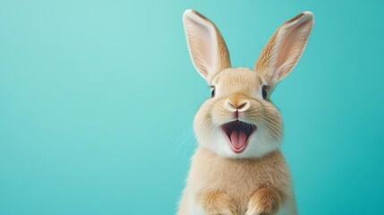 Adorable brown pet rabbit or bunny grinning and giggling, isolated with copy space for an Easter backdrop. Generative Ai