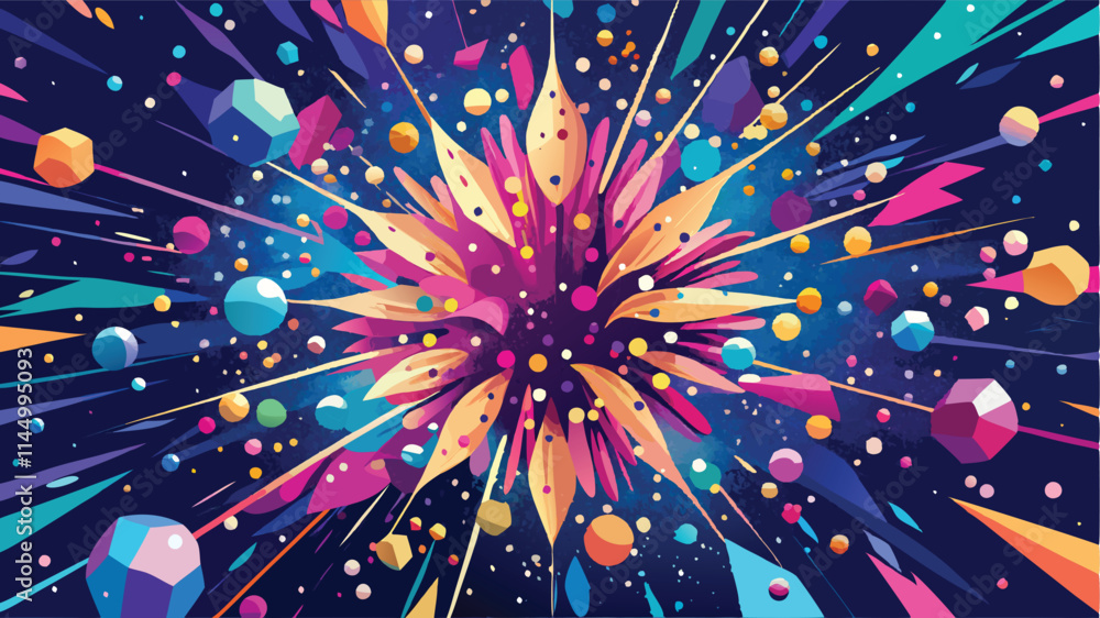 Poster Colorful explosion of geometric shapes and vibrant colors in a radial pattern creating a dynamic visual effect