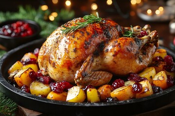 Christmas roasted turkey with potatoes and cranberries on festive table
