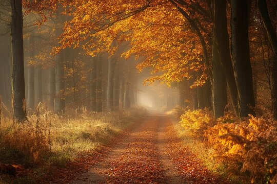 Golden light entering foggy forest path during autumn - Powered by Adobe
