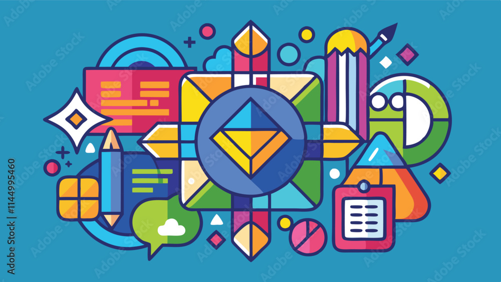 Poster colorful geometric pattern celebrating creativity and innovation in design, showcasing vibrant eleme