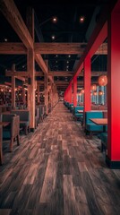 Fototapeta premium A modern restaurant interior featuring wooden beams and vibrant red accents.