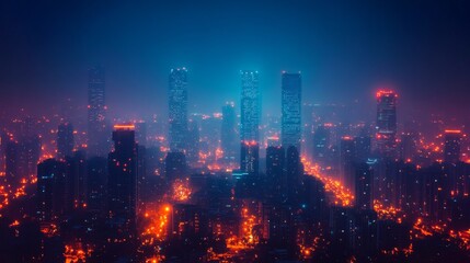 Fototapeta premium Monitoring community air quality using AI technology in a vibrant urban environment at night