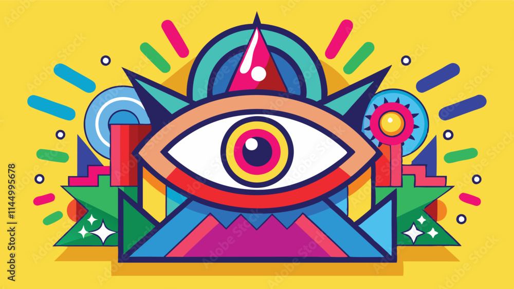 Poster colorful vector illustration featuring an eye surrounded by geometric shapes and decorative elements