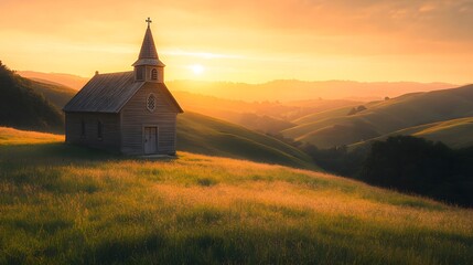 Fototapeta premium Rustic Wooden Church on a Hilltop at Sunset with Rolling Hills