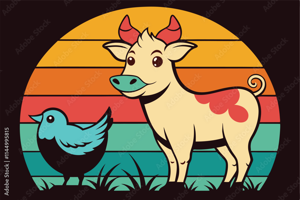 Poster colorful vector illustration of a cow character sporting a t-shirt with a flower design, surrounded 