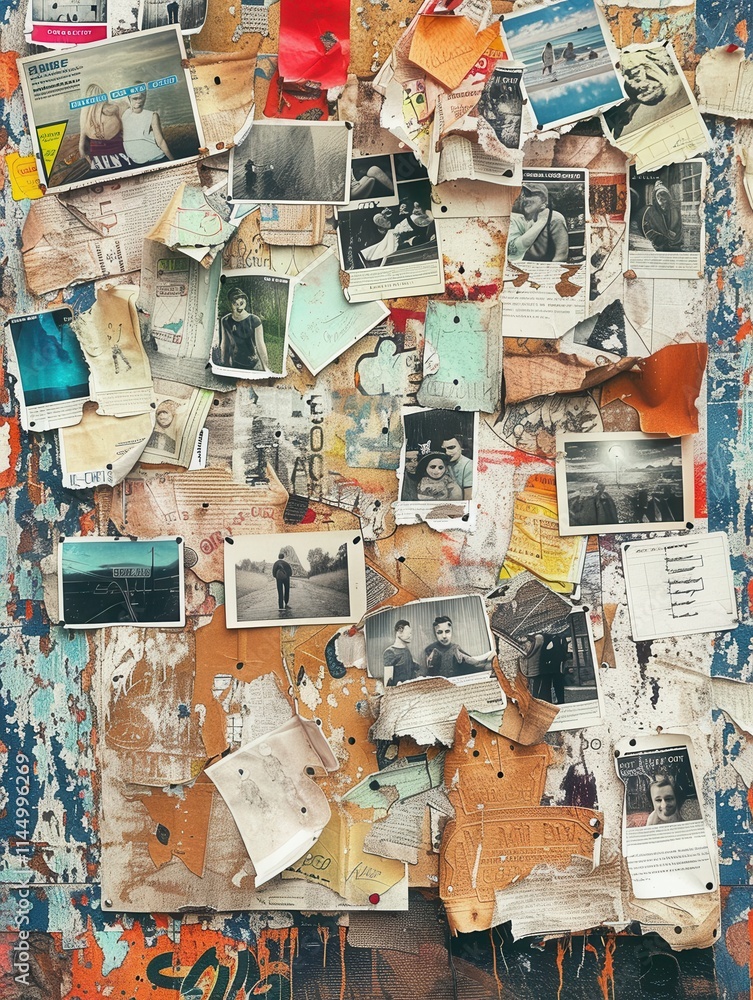 Poster collage showcasing a variety of images and notes on a textured wall in an artistic urban setting. ge