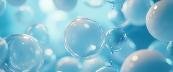 Multiple blue air balloons floating gracefully in a minimalist blue studio, celebrating happiness and joy with pastel-colored 3D render
