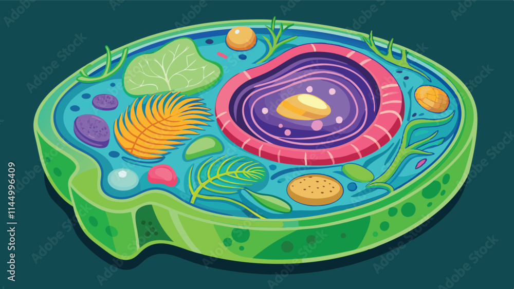 Poster colorful vector illustration of a cell showcasing organelles, structures, and vibrant colors depicti