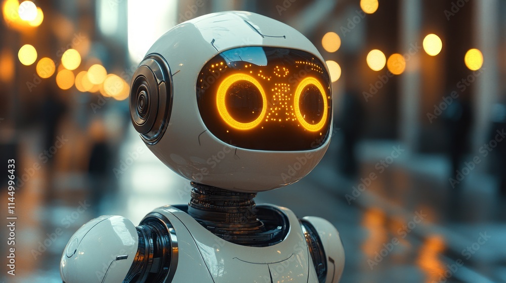 Poster humanoid robot featuring advanced ai processors in an urban setting during twilight