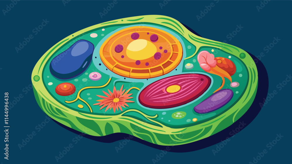 Poster colorful vector illustration of a cell showcasing organelles, structures, and vibrant colors depicti