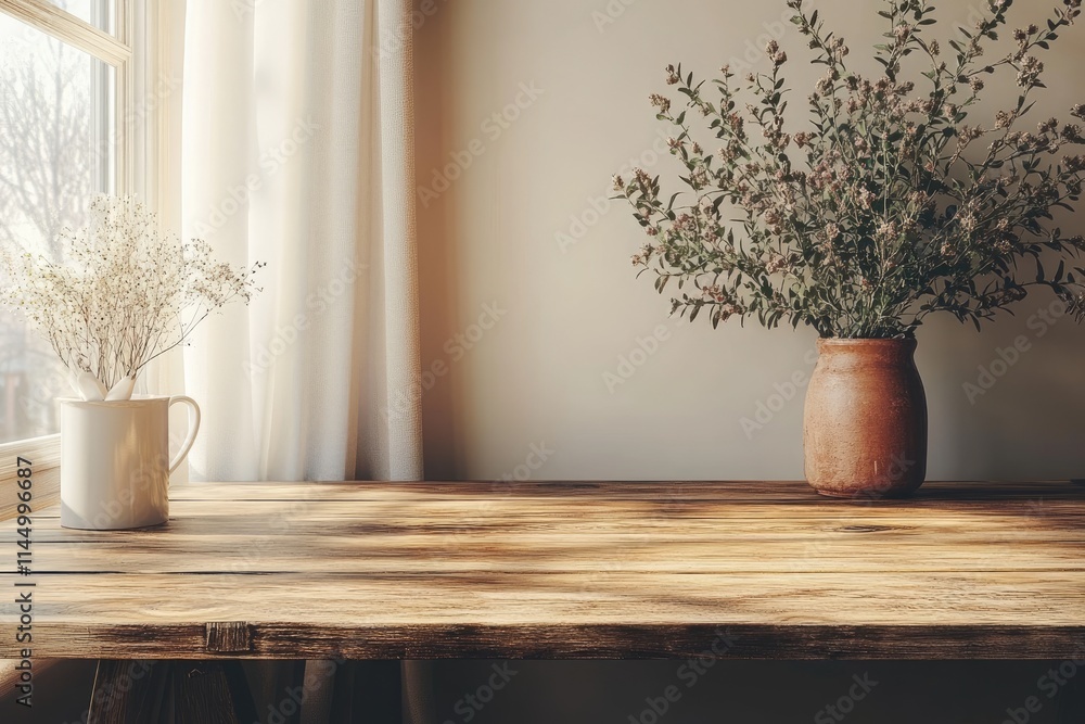 Poster sunlight illuminating wooden table with flower vases near window with white curtain