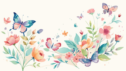 Colorful butterflies and blooming flowers creating a vibrant spring garden design in a soft watercolor style ideal for home decor and invitations