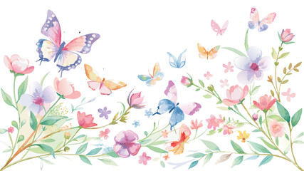 Colorful butterflies and blooming flowers creating a vibrant spring garden design in a soft watercolor style ideal for home decor and invitations