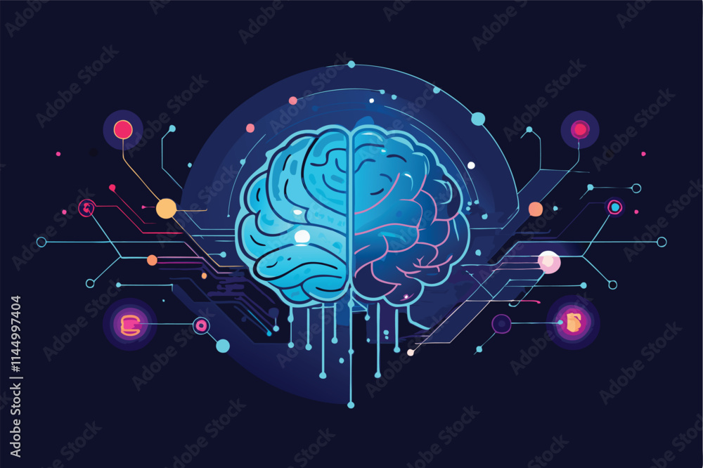 Poster exploring the link between technology and human cognition through a vibrant vector illustration of a