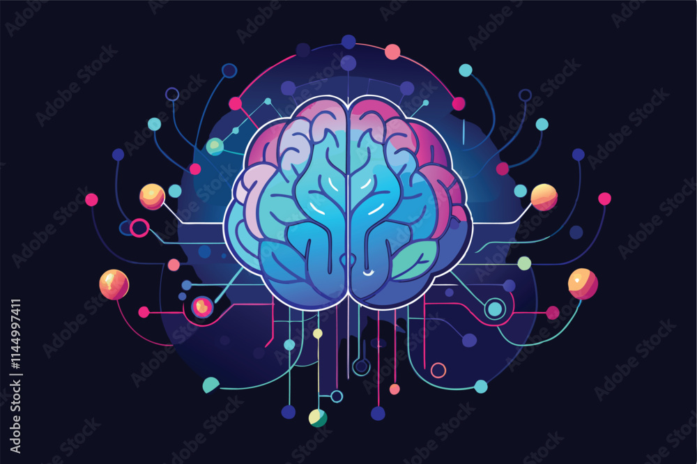 Poster exploring the link between technology and human cognition through a vibrant vector illustration of a