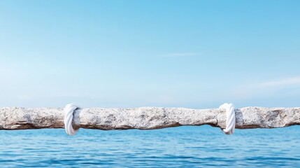 Fototapeta premium Stone bridge over calm sea, tied with rope.