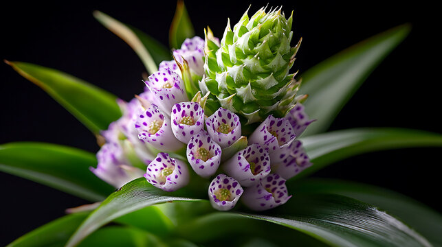 macro photograph of pineapple lily Eucomis comosa with vibrant purple flowers