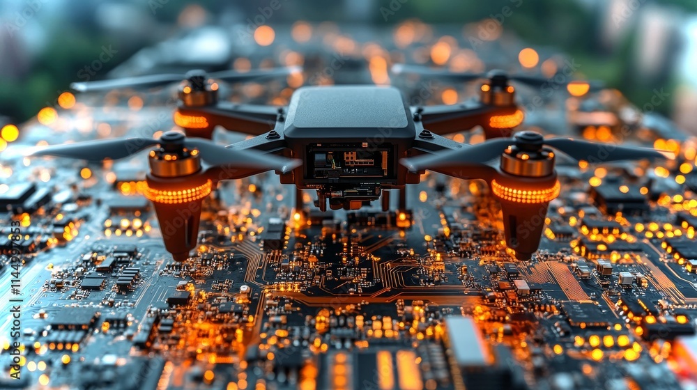 Poster compact ai chip for real-time processing with drone on intricate circuitry in vibrant lights