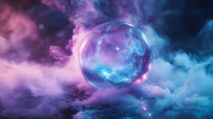 A cloud of smoke curling around a glowing crystal orb in a dark room, soft blue and violet highlights, with shimmering particles creating an ethereal mood

