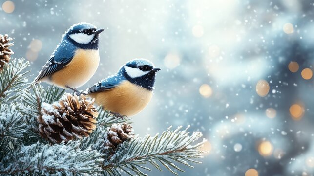 Two eurasian blue tit birds perching on snowy pine tree branch in winter