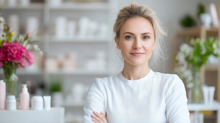 Fototapeta premium Confident young female business owner standing with arms crossed in her bright beauty salon or cosmetics boutique.
